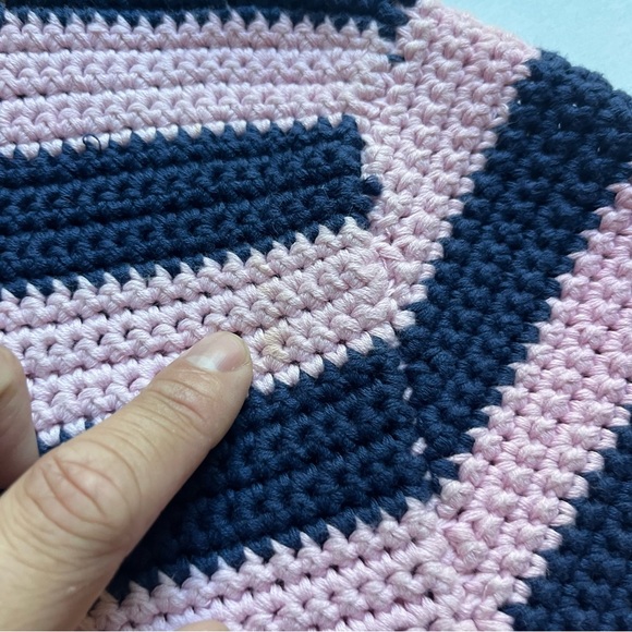 STAUD pink navy striped chunky knit crew neck short sleeve sweater top - Picture 3 of 6